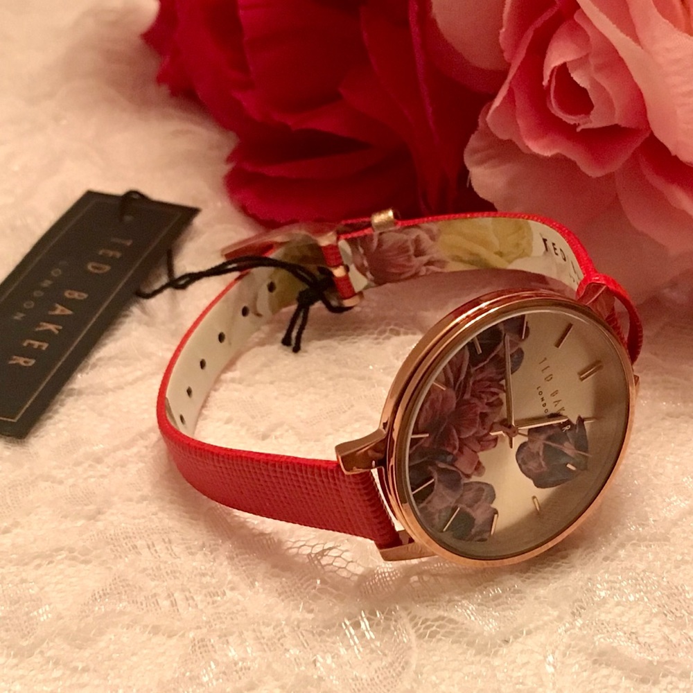 Ted Baker Kate Floral Red Leather Strap Watch NWT